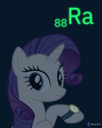 Size: 4000x5000 | Tagged: safe, artist:parclytaxel, character:rarity, species:pony, species:unicorn, series:joycall6's periodic table, .svg available, absurd resolution, chemistry, dark, female, frown, glow, glow in the dark, looking back, mare, periodic table, purple background, radium, raised hoof, simple background, solo, this will end in cancer, vector, watch