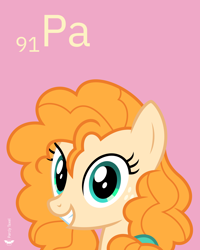 Size: 4000x5000 | Tagged: safe, artist:parclytaxel, character:pear butter, species:earth pony, species:pony, series:joycall6's periodic table, .svg available, absurd resolution, bust, chemistry, cute, female, grin, looking at you, mare, pearabetes, periodic table, pink background, portrait, protactinium, simple background, smiling, solo, vector