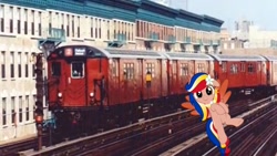 Size: 1334x750 | Tagged: safe, artist:jhayarr23, artist:topsangtheman, oc, oc:pearl shine, species:pegasus, species:pony, nation ponies, '90s, irl, looking at you, new york city, new york city subway, philippines, photo, ponies in real life, train