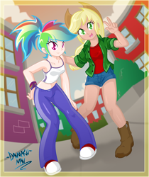 Size: 862x1024 | Tagged: safe, artist:danmakuman, edit, editor:michaelsety, character:applejack, character:rainbow dash, species:human, my little pony:equestria girls, belly button, clothing, converse, duo, duo female, female, human coloration, humanized, midriff, shoes, sleeveless, tank top