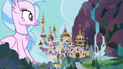 Size: 3840x2160 | Tagged: safe, artist:dashiesparkle, character:silverstream, species:classical hippogriff, species:hippogriff, canterlot, canterlot castle, female, giant griffon, giant hippogriff, giant/macro hippogriff, giga giant, gigastream, jewelry, macro, necklace, sitting, vector