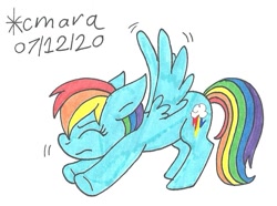 Size: 926x689 | Tagged: safe, artist:cmara, character:rainbow dash, species:pegasus, species:pony, eyes closed, female, iwtcird, mare, meme, simple background, solo, stretching, traditional art, white background