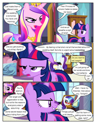 Size: 612x792 | Tagged: safe, artist:newbiespud, edit, edited screencap, screencap, character:queen chrysalis, character:rarity, character:twilight sparkle, character:twilight sparkle (unicorn), species:pony, species:unicorn, comic:friendship is dragons, episode:a canterlot wedding, g4, my little pony: friendship is magic, bust, comic, dialogue, eyelashes, female, glasses, glowing horn, grin, horn, indoors, jewelry, looking back, magic, mare, open mouth, peytral, screencap comic, smiling, telekinesis, tiara