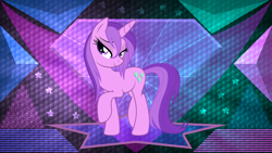 Size: 3840x2160 | Tagged: safe, artist:hoyota, artist:laszlvfx, edit, character:amethyst star, character:sparkler, species:pony, species:unicorn, alternate hairstyle, bedroom eyes, cutie mark, female, high res, mare, raised hoof, solo, wallpaper, wallpaper edit