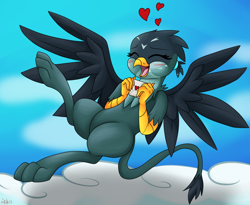 Size: 2200x1800 | Tagged: safe, artist:novaspark, character:gabby, species:griffon, blushing, cloud, cute, female, flying, gabbybetes, heart, love letter, smiling, solo