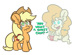 Size: 1100x800 | Tagged: safe, artist:threetwotwo32232, character:applejack, character:pear butter, species:earth pony, species:pony, chips, crying, female, food, ghost, looking at you, mare, parody, simple background, transparent background, undead, wavy mouth