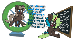 Size: 2500x1300 | Tagged: safe, artist:threetwotwo32232, oc, oc only, oc:bright side, oc:parch well, species:earth pony, species:pony, artifical horn, chalkboard, female, mare, parody, pinkie and the brain, pinky and the brain, simple background, solo, transparent background