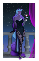 Size: 2561x3959 | Tagged: safe, artist:jc_bbqueen, oc, oc only, oc:serena nightshade, species:anthro, species:pony, species:unguligrade anthro, species:unicorn, anthro oc, balcony, clothing, commission, dress, explicit source, glass, horn, smiling, solo, starry night, stars, unicorn oc, wine glass