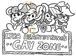 Size: 1374x1029 | Tagged: safe, artist:threetwotwo32232, character:applejack, character:bon bon, character:lyra heartstrings, character:rainbow dash, character:sweetie drops, species:pony, g4, female, five nights at freddy's, gay, male, mare