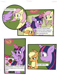 Size: 1655x2167 | Tagged: safe, artist:cmara, character:applejack, character:fluttershy, character:pinkie pie, character:twilight sparkle, character:twilight sparkle (alicorn), species:alicorn, species:earth pony, species:pegasus, species:pony, comic:i'm busy, g4, applejack's hat, clothing, comic, cowboy hat, female, food, glowing horn, gritted teeth, hat, horn, implied rainbow dash, levitation, magic, mare, open mouth, raised hoof, sad, sign, telekinesis, tomato