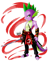 Size: 4039x5000 | Tagged: safe, artist:danmakuman, character:spike, species:dragon, g4, commission, katana, male, samurai, semi-anthro, solo, sword, weapon