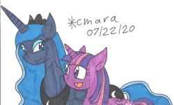 Size: 1224x745 | Tagged: safe, artist:cmara, character:princess luna, character:twilight sparkle, character:twilight sparkle (alicorn), species:alicorn, species:pony, g4, crown, eyeshadow, female, jewelry, makeup, mare, open mouth, regalia, simple background, solo, traditional art, white background