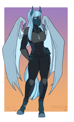 Size: 2465x4051 | Tagged: safe, alternate version, artist:jc_bbqueen, oc, oc only, oc:xiu-ying, species:anthro, species:bat pony, species:pony, species:unguligrade anthro, g4, bat pony oc, bat wings, breasts, clothing, commission, digital art, fangs, female, gradient background, mare, night guard, scar, slit eyes, solo, wings