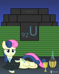 Size: 4000x5000 | Tagged: safe, artist:parclytaxel, character:bon bon, character:sweetie drops, species:earth pony, species:pony, series:joycall6's periodic table, g4, my little pony chapter books, .svg available, absurd resolution, alcohol, bon bond, bottle, chemistry, chianti, chicago pile-1, clothing, draw me like one of your french girls, enrico fermi, female, glass, lidded eyes, looking at you, lyra and bon bon and the mares from s.m.i.l.e., manhattan project, mare, necktie, on side, periodic table, s.m.i.l.e., shirt, smiling, smirk, solo, suit, uranium, uranium glass, vector, wine, wine glass