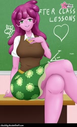 Size: 621x1024 | Tagged: safe, artist:clouddg, edit, editor:thomasfan45, character:cheerilee, species:human, g4, my little pony:equestria girls, breasts, busty cheerilee, chalkboard, classroom, clothing, crossed legs, desk, female, legs, looking at you, school, sexy, shirt, signature, sitting, skirt, smiling, sockless edit, solo, sweater