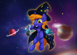 Size: 800x573 | Tagged: safe, artist:jhayarr23, oc, oc only, oc:snap feather, oc:star bright, species:pony, g4, clothing, cosmic wizard, giant pony, giant unicorn, giga giant, hat, macro, magic, male, orbit, planet, pony bigger than a planet, sitting, sitting on top of the world, size difference, space, stallion, stars, tangible heavenly object, wizard, wizard hat, wizard robe