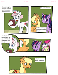 Size: 1700x2189 | Tagged: safe, artist:cmara, character:applejack, character:fluttershy, character:nurse redheart, character:pinkie pie, character:rarity, character:spike, character:twilight sparkle, character:twilight sparkle (alicorn), species:alicorn, species:dragon, species:earth pony, species:pegasus, species:pony, species:unicorn, comic:i'm busy, g4, applejack's hat, clipboard, clothing, comic, cowboy hat, female, grin, hat, hospital, implied rainbow dash, male, mare, open mouth, raised hoof, sad, smiling
