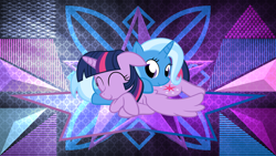 Size: 3840x2160 | Tagged: safe, artist:laszlvfx, artist:the smiling pony, edit, character:trixie, character:twilight sparkle, character:twilight sparkle (alicorn), species:alicorn, species:pony, ship:twixie, g4, female, lesbian, prone, shipping, wallpaper, wallpaper edit