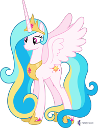 Size: 4000x5221 | Tagged: safe, artist:parclytaxel, oc, oc only, oc:princess skysparkle, species:alicorn, species:pony, g4, .svg available, absurd resolution, alicorn oc, celestia recolor, commission, crown, female, hoof shoes, horn, jewelry, mare, not celestia, peytral, regalia, simple background, smiling, solo, spread wings, transparent background, vector, wings