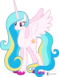 Size: 4000x5221 | Tagged: safe, alternate version, artist:parclytaxel, oc, oc only, oc:princess skysparkle, species:alicorn, species:pony, g4, .svg available, absurd resolution, alicorn oc, commission, female, horn, mare, not celestia, simple background, smiling, solo, spread wings, transparent background, unshorn fetlocks, vector, wings