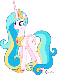 Size: 4000x5221 | Tagged: safe, alternate version, artist:parclytaxel, oc, oc only, oc:princess skysparkle, species:alicorn, species:pony, g4, .svg available, absurd resolution, alicorn oc, celestia recolor, commission, crown, female, hoof shoes, horn, jewelry, mare, not celestia, peytral, regalia, simple background, smiling, solo, transparent background, vector, wings