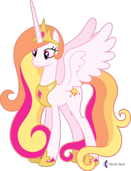 Size: 4000x5221 | Tagged: safe, alternate version, artist:parclytaxel, oc, oc only, oc:princess skysparkle, species:alicorn, species:pony, g4, .svg available, absurd resolution, alicorn oc, celestia recolor, commission, crown, female, hoof shoes, horn, jewelry, mare, not celestia, peytral, recolor, regalia, simple background, smiling, solo, spread wings, transparent background, vector, wings