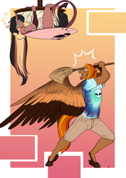 Size: 2865x4051 | Tagged: safe, artist:jc_bbqueen, oc, oc only, oc:daniel dasher, oc:singe, species:anthro, species:changeling, species:dracony, species:dragon, species:pegasus, species:pony, species:unguligrade anthro, g4, alternate universe, angry, broom, brown changeling, changeling oc, chitin, clothing, digital art, flexible chitin, gay, hanging, hybrid, male, oc x oc, pegasus oc, shipping, wings