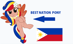Size: 888x538 | Tagged: safe, artist:jhayarr23, edit, oc, oc only, oc:pearl shine, species:pegasus, species:pony, nation ponies, g4, caption arrow, cute, flower, flower in hair, flying, looking at you, ocbetes, patriotic, philippines, ponified, show accurate, simple background, solo, vector, vector edit, white background