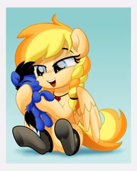 Size: 1640x2048 | Tagged: safe, artist:jhayarr23, oc, oc only, oc:wingblossom, oc:xeto, species:pegasus, species:pony, g4, blonde, bow, clothing, cuddling, female, heart, jewelry, male, mare, necklace, open mouth, plushie, socks, stallion, stockings, thigh highs, tights
