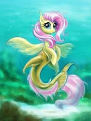 Size: 900x1200 | Tagged: safe, artist:kp-shadowsquirrel, character:fluttershy, female, hippocampus, merpony, seaponified, seapony fluttershy, solo, species swap, underwater, watershy