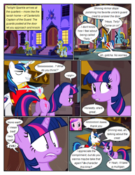 Size: 612x792 | Tagged: safe, artist:newbiespud, edit, edited screencap, screencap, character:princess cadance, character:shining armor, character:twilight sparkle, character:twilight sparkle (unicorn), species:alicorn, species:pony, species:unicorn, comic:friendship is dragons, g4, armor, building, clothing, comic, dialogue, eyelashes, eyes closed, female, male, mare, royal guard, screencap comic, stallion