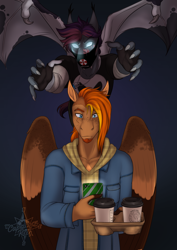 Size: 2865x4051 | Tagged: safe, artist:jc_bbqueen, oc, oc only, oc:orpheus, oc:singe, species:anthro, species:bat pony, species:pegasus, species:pony, g4, anthro oc, bat pony oc, bat wings, cellphone, clothing, coffee, digital art, face mask, friends, glowing eyes, male, pegasus oc, phone, pounce, spread wings, stallion, story in the source, wings