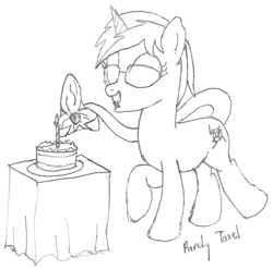 Size: 983x970 | Tagged: safe, artist:parclytaxel, oc, oc only, oc:nova spark, species:pony, species:unicorn, series:nightliner, g4, birthday cake, cake, candle, cute, cute little fangs, fangs, female, food, glasses, lineart, mare, monochrome, monster pony, original species, pencil drawing, raised hoof, raised leg, smiling, solo, tail maw, tatzlpony, traditional art, wip