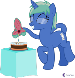 Size: 4000x4151 | Tagged: safe, artist:parclytaxel, oc, oc only, oc:nova spark, species:pony, species:unicorn, g4, .svg available, absurd resolution, birthday cake, cake, candle, cute, cute little fangs, excited, fangs, female, food, glasses, mare, monster pony, original species, simple background, smiling, solo, tail maw, tatzlpony, transparent background, vector