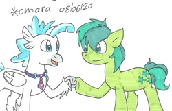Size: 1262x816 | Tagged: safe, artist:cmara, character:sandbar, character:terramar, species:earth pony, species:hippogriff, species:pony, g4, brofist, fist bump, male, open mouth, raised hoof, simple background, traditional art, white background