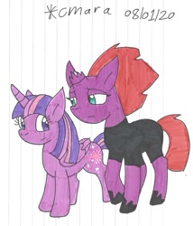 Size: 1031x1203 | Tagged: safe, artist:cmara, character:tempest shadow, character:twilight sparkle, character:twilight sparkle (alicorn), species:alicorn, species:pony, species:unicorn, g4, bodysuit, broken horn, clothing, duo, eye scar, female, hoof shoes, horn, mare, raised hoof, sad, scar, simple background, traditional art, white background