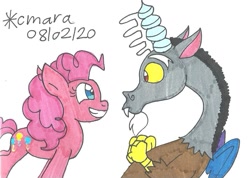 Size: 1069x761 | Tagged: safe, artist:cmara, character:discord, character:pinkie pie, species:draconequus, species:earth pony, species:pony, g4, excited, female, grin, male, mare, simple background, smiling, traditional art, white background