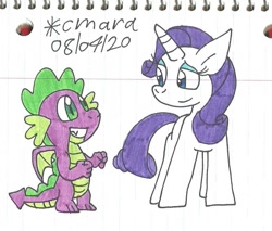 Size: 937x800 | Tagged: safe, artist:cmara, character:rarity, character:spike, species:dragon, species:pony, species:unicorn, ship:sparity, g4, eyeshadow, female, grin, makeup, male, mare, shipping, simple background, smiling, straight, traditional art, white background, winged spike