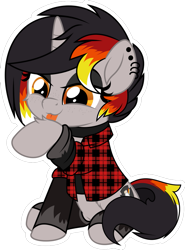 Size: 769x1040 | Tagged: safe, artist:jhayarr23, oc, oc only, oc:moonshine, species:pony, species:unicorn, g4, behaving like a cat, cleaning, clothing, collar, commission, ear piercing, eyeshadow, female, flannel, flannel shirt, hoof licking, hoofless socks, licking, makeup, mare, multicolored hair, piercing, shirt, simple background, sitting, skirt, solo, stockings, thigh highs, tongue out, transparent background, ych result