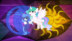 Size: 5120x2880 | Tagged: safe, artist:laszlvfx, artist:pumpkinpieforlife, edit, character:princess celestia, character:princess luna, species:pony, g4, abstract background, female, filly, show accurate, wallpaper, wallpaper edit, woona, younger