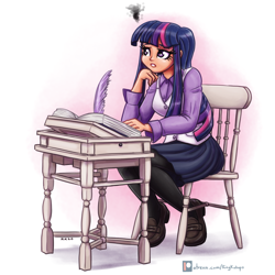 Size: 2000x2000 | Tagged: safe, artist:king-kakapo, character:twilight sparkle, species:human, g4, adorasexy, book, chair, clothing, cute, desk, female, high res, humanized, loafers, pantyhose, quill, sexy, sitting, skirt, solo, stockings, thigh highs, twiabetes, vest