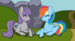 Size: 1280x698 | Tagged: safe, artist:befriendsharks, artist:caecii, artist:dashiesparkle, base used, character:maud pie, character:rainbow dash, species:earth pony, species:pegasus, species:pony, ship:mauddash, g4, blushing, cute, deviantart watermark, eyes closed, female, lesbian, mare, maudabetes, obtrusive watermark, shipping, smiling, watermark, when she smiles, wrong cutie mark