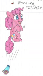 Size: 860x1528 | Tagged: safe, artist:cmara, character:pinkie pie, species:earth pony, species:pony, g4, cannon, excited, female, mare, open mouth, party cannon, pinkie being pinkie, pony cannonball, simple background, solo, traditional art, white background