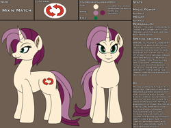 Size: 2400x1800 | Tagged: safe, artist:novaspark, oc, oc only, oc:mix n' match, g4, colored, cutie mark, female, flat colors, reference sheet, solo