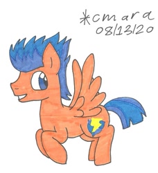 Size: 810x888 | Tagged: safe, artist:cmara, character:flash sentry, species:pegasus, species:pony, g4, flying, grin, male, simple background, smiling, solo, stallion, traditional art, white background