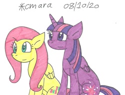 Size: 1135x866 | Tagged: safe, artist:cmara, character:fluttershy, character:twilight sparkle, character:twilight sparkle (alicorn), species:alicorn, species:pegasus, species:pony, g4, duo, female, mare, simple background, sitting, traditional art, white background