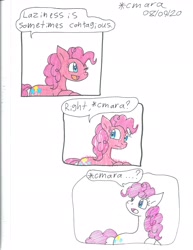 Size: 1672x2161 | Tagged: safe, artist:cmara, character:pinkie pie, species:earth pony, species:pony, g4, breaking the fourth wall, comic, female, fourth wall, lazy, mare, open mouth, pinkie being pinkie, simple background, solo, traditional art, white background