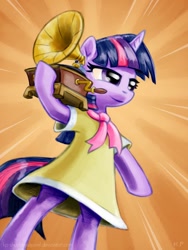 Size: 900x1200 | Tagged: safe, artist:kp-shadowsquirrel, character:twilight sparkle, species:pony, bipedal, birthday dress, clothing, dress, female, gramophone, phonograph, record player, solo, standing