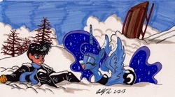 Size: 1614x896 | Tagged: safe, artist:newyorkx3, character:princess luna, self insert, species:human, sleigh, snow, traditional art, winter