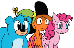 Size: 1175x755 | Tagged: safe, artist:cmara, character:pinkie pie, species:earth pony, species:pony, g4, 505, crossover, trio, villainous, wander (wander over yonder), wander over yonder